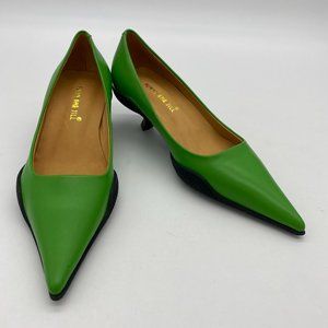 Green leather pointy toe kitten low heels slippers pumps dress shoes